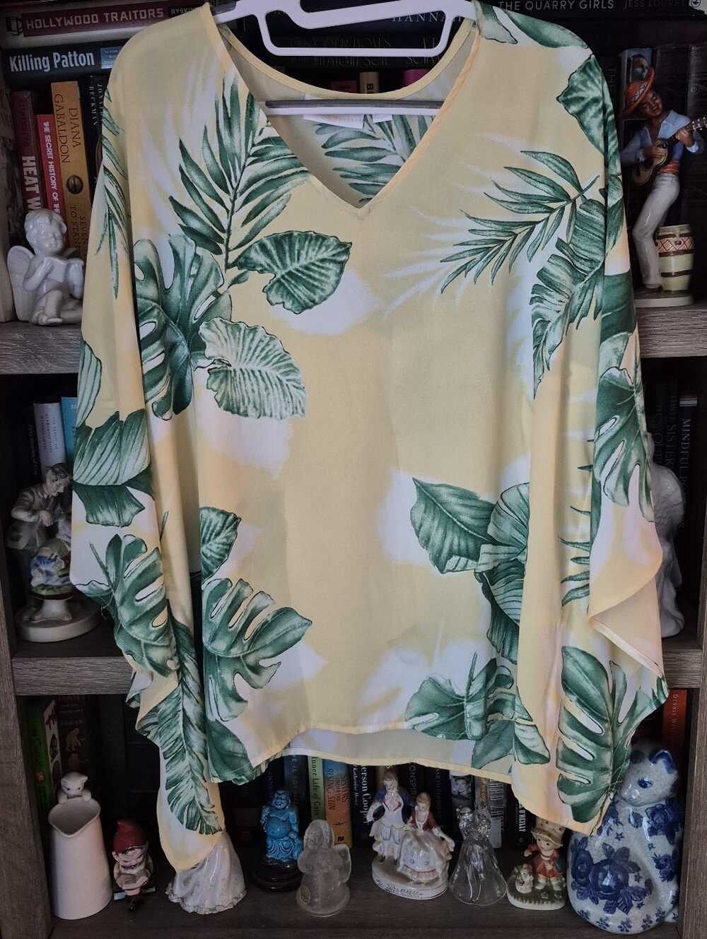 Belle by Kim Gravel Yellow V-Neck Tunic with Green Tropical Leaf Print